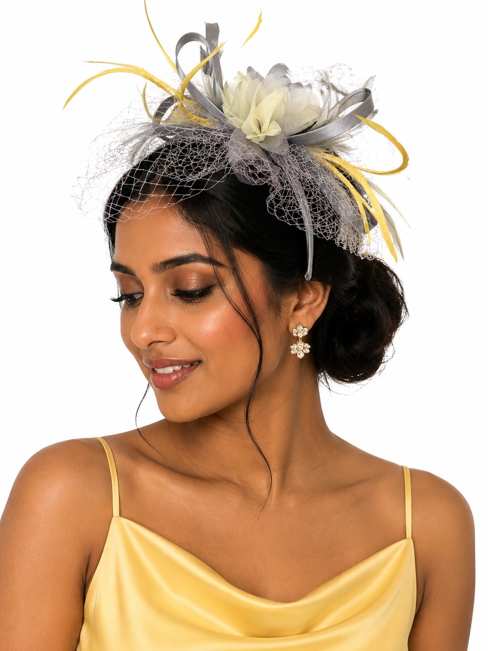 Bellissima Collection Gray & Ivory Feather Fascinator Headband with Veil